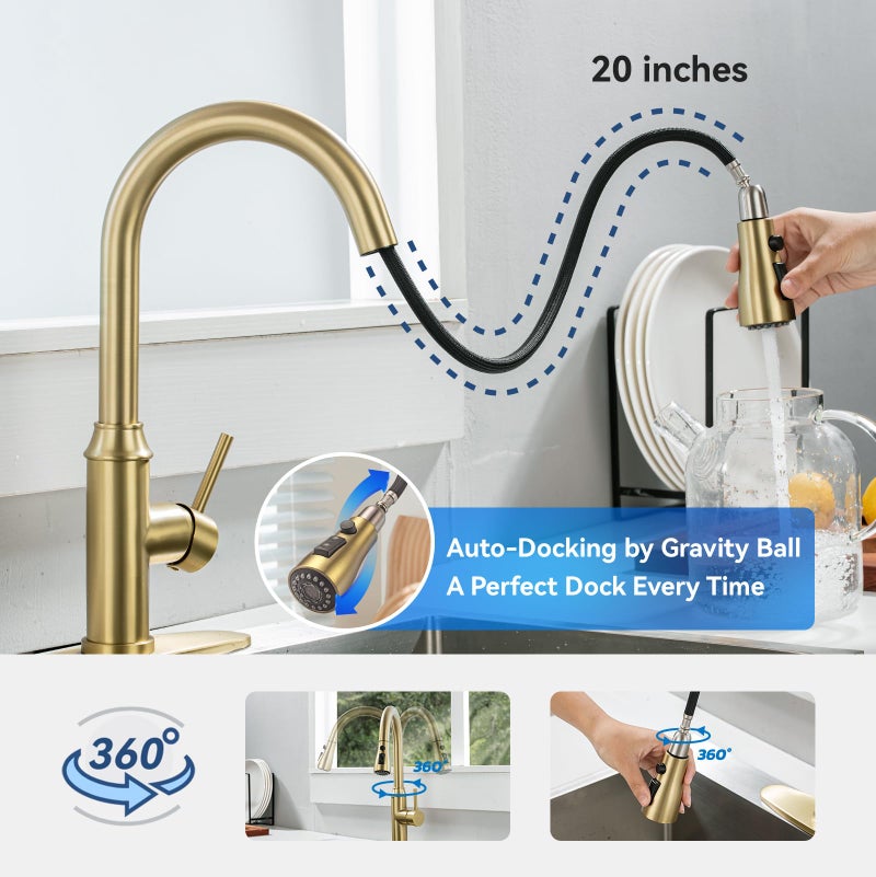 Arofa Gold Kitchen Faucet with Sprayer,Single Handle Kitchen Sink Faucet with Pull Out Sprayer, Champagne Bronze, Arofa Brushed Gold Brass Faucets for RV/Outdoor/Laundry Sink - Image 5